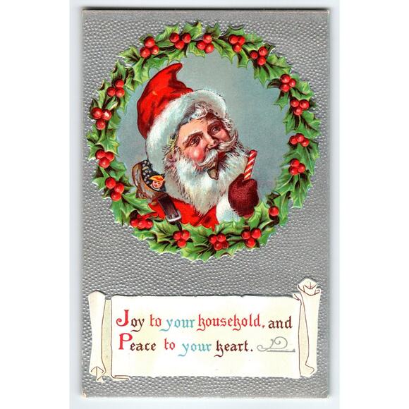 Santa Postcard Other - Vintage Embossed Santa Claus Christmas Postcard Holly Wreath Pipe Candy Cane